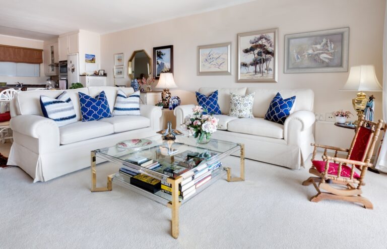 Square Glass Top Coffee Table and Two White Leather 2-seat Sofas